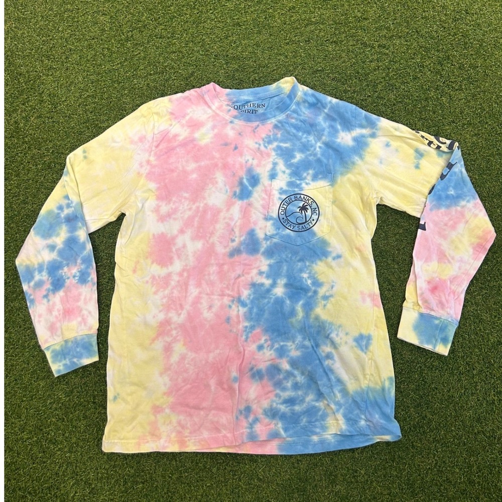 Southern Spirit Tie Dye Outer Banks NC Long Sleeve Pocket T-Shirt Small Pink